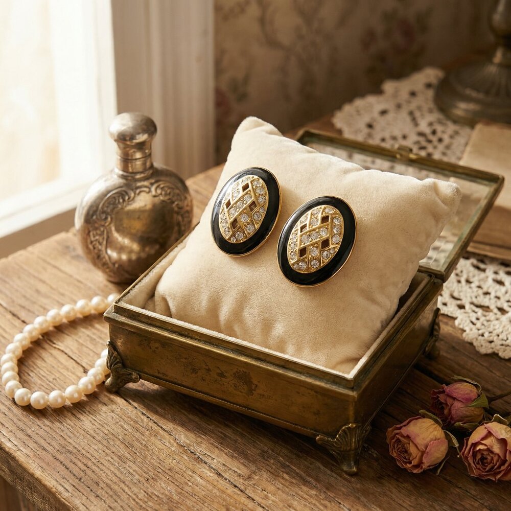 Vintage Trifari Black & Gold Enamel Earrings | Classic 1960s Mid-Century